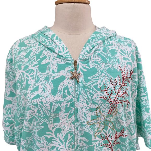 Quacker Factory Coastal Beach Starfish Rhinestone Zip Coverup Lounge Hoodie-2X - Picture 5 of 16